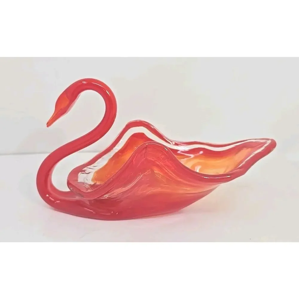 Vintage Large Glass Swan Candy Dish Orange Swirl Hand‎ Blown MSC1